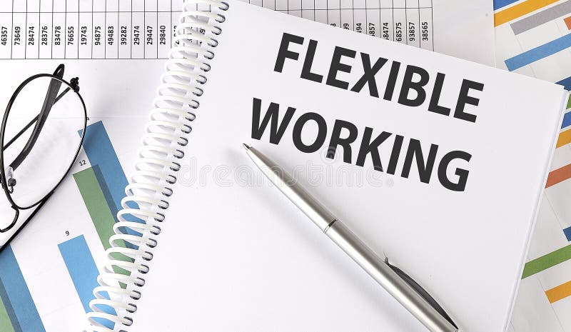 FLEXIBLE WORKING , pen and glasses on the chart, business concept stock photo