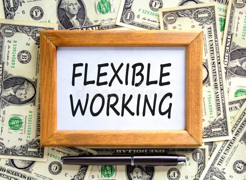 Flexible working symbol. Concept words Flexible working on beautiful wooden picture frame. Dollar bills. Beautiful dollar bills stock images