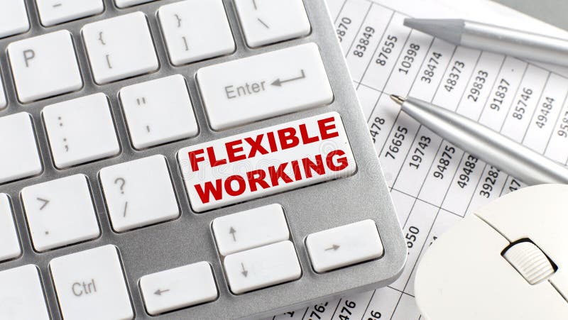 FLEXIBLE WORKING text on a keyboard wirh chart and pencil stock photos