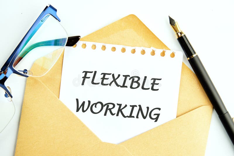 FLEXIBLE WORKING text on a piece of paper sticking out of a postal envelope stock image