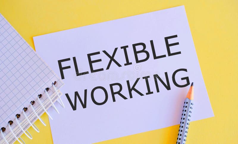 FLEXIBLE WORKING text written on white paper on yellow background. Concept of non traditional working stock photo