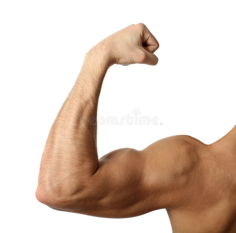 Flexing biceps isolated on white