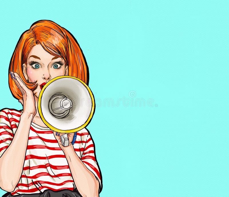 Flicka för popkonst med megafonen Kvinna med högtalare Flicka som meddelar rabatt eller försäljning rengöringsduk för universal f