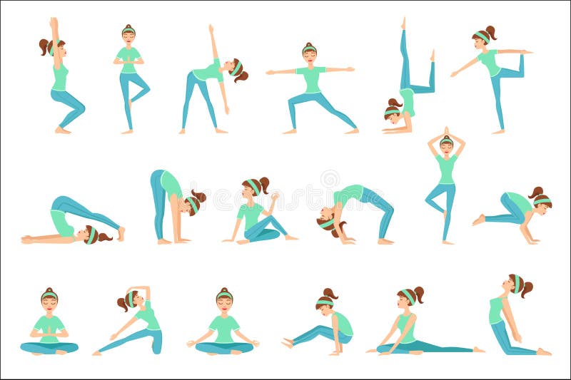 Flicka i blå utbildningskläder som visar yoga Asana stock illustrationer Flicka i blå utbildningskläder som visar yoga Asana stock illustrationer