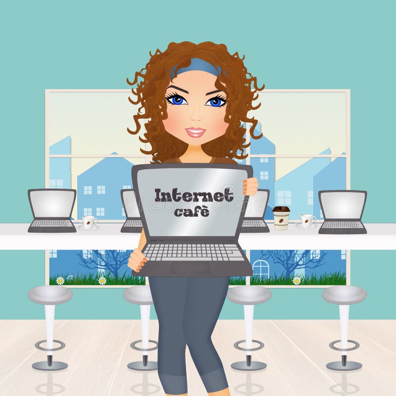 Flicka i internetkafé stock illustrationer Flicka i internetkafé stock illustrationer