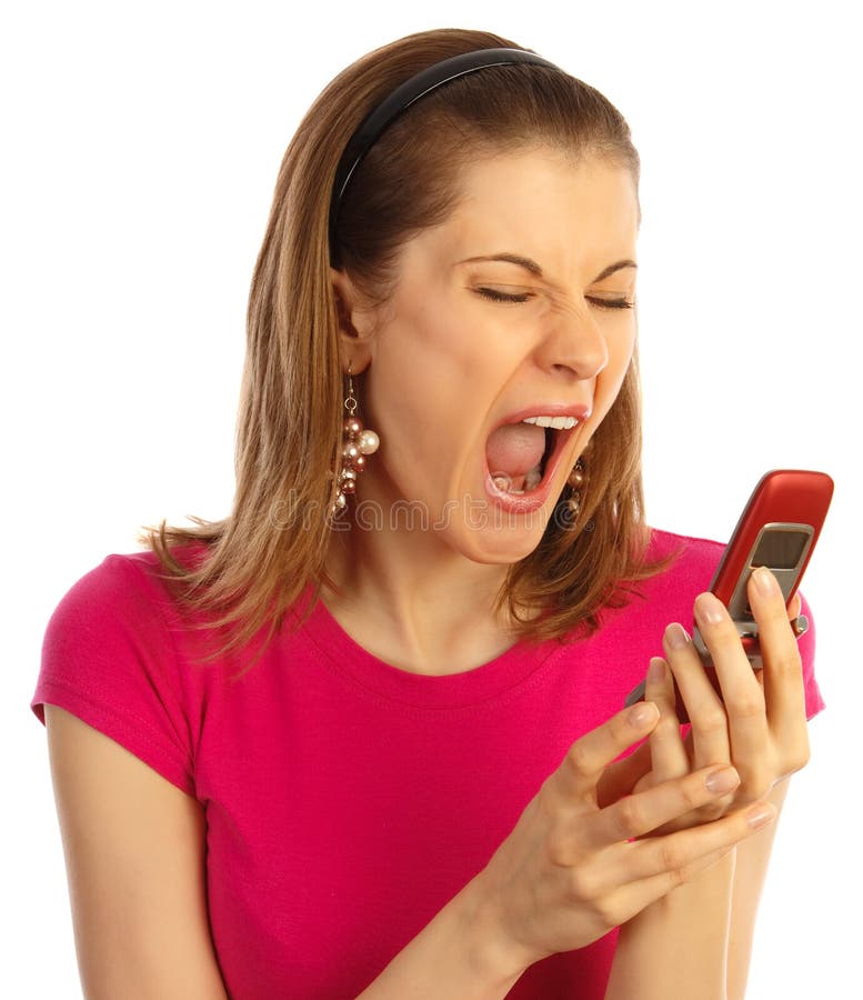 Beautiful girl screaming in the phone. Isolated on white. Beautiful girl screaming in the phone. Isolated on white