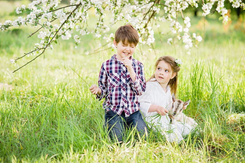 Flicka med baby-get Barns och djurs vänskap Glad barndom royaltyfri bild