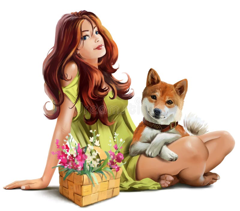 Flicka med den hundShiba inuen stock illustrationer Flicka med den hundShiba inuen stock illustrationer