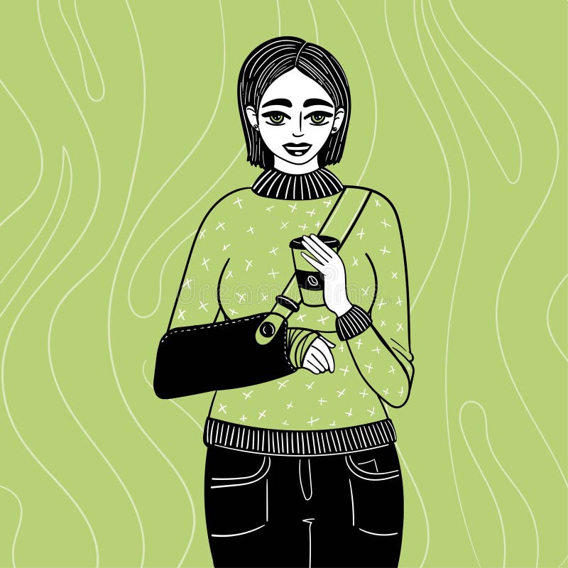Flicka med en bruten arm i en vektorillustration av ett giftigt kaffelager i tecknad stil för utformning och dekorationsbanderoll stock illustrationer