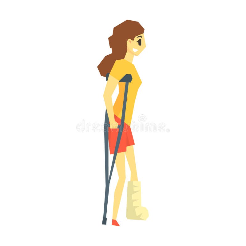 Flicka med ensemblen på benet som går med Croushes, ung Person With Disability Overcoming The skada som bor fulla Live Vector Illustration Handikappade Person Happy Cartoon Character