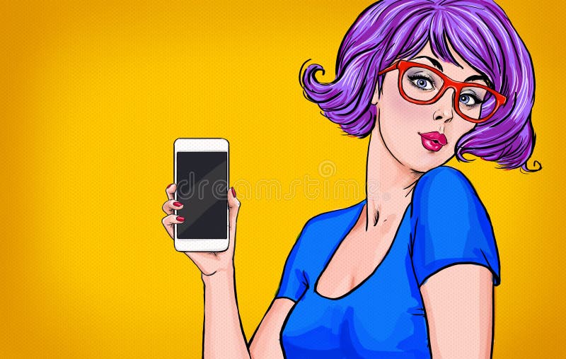 Flicka med Smart-telefonen i handen i komisk stil Flickan med ringer Flicka som visar mobiltelefonen Flicka i exponeringsglas
