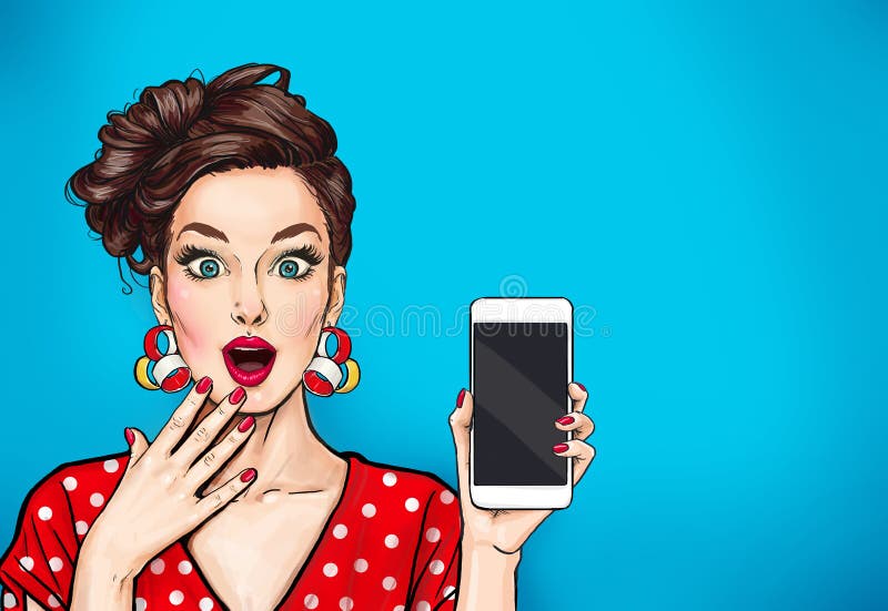 Flicka med telefonen i handen i komisk stil Kvinna med smartphone Tryck för dina T-tröja Digital annonsering phone kvinnan stock illustrationer