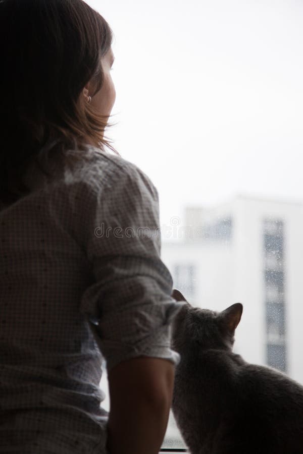 Flicka och katt som ut ser fönstret arkivfoton Flicka och katt som ut ser fönstret arkivfoton