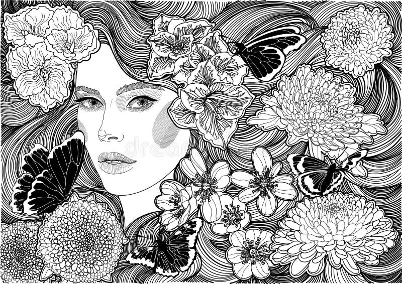 Flicka och svartvita blommor och fjärilar royaltyfri illustrationer