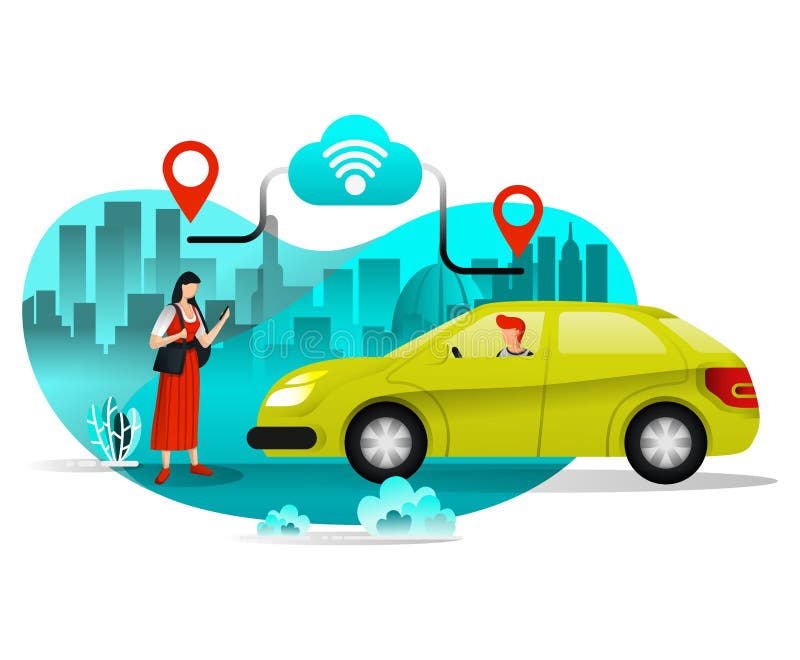 Flicka som beställer taxien eller bilar för att resa i staden Aktieritt genom att använda mobilt stadstrans. Plan tecknad filmsti vektor illustrationer Flicka som beställer taxien eller bilar för att resa i staden Aktieritt genom att använda mobilt stadstrans. Plan tecknad filmsti vektor illustrationer