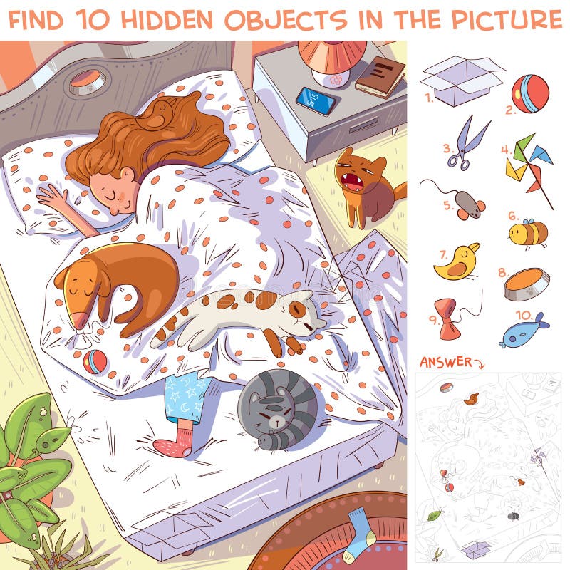 Flicka som sover med sina sällskapsdjur i sängen. hitta dolda objekt royaltyfri illustrationer