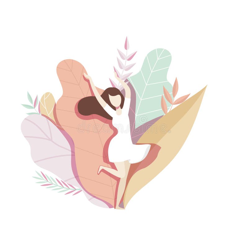 Flickaanseende på den naturliga bakgrunden med stora sidor, ansiktslös ung kvinna i härlig naturvektorillustration stock illustrationer Flickaanseende på den naturliga bakgrunden med stora sidor, ansiktslös ung kvinna i härlig naturvektorillustration stock illustrationer