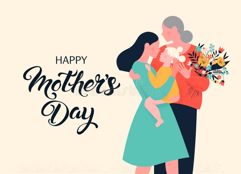 Flickan gömmer sin mamma och mormor med blommor. Tecknen på ljudkarikatyr Platta vektorbilder royaltyfri illustrationer Flickan gömmer sin mamma och mormor med blommor. Tecknen på ljudkarikatyr Platta vektorbilder royaltyfri illustrationer