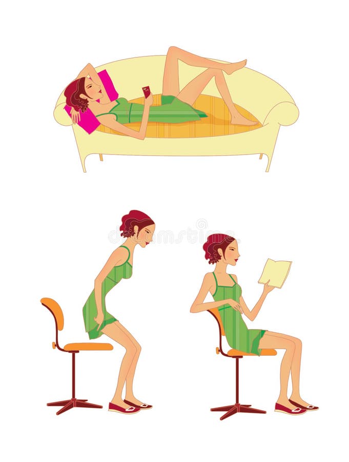 Flickan i en grön klänning ligger på soffan, sitter på en stol, läser en bok som sitter på en stol vektor illustrationer