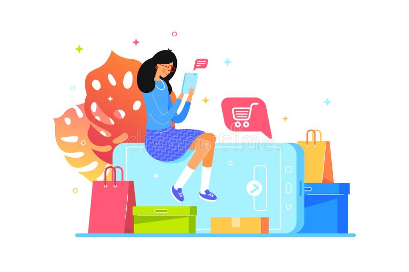 Flickan k?per direktanslutet med smartphonen, reng?ringsdukshopping vektor illustrationer Flickan k?per direktanslutet med smartphonen, reng?ringsdukshopping vektor illustrationer