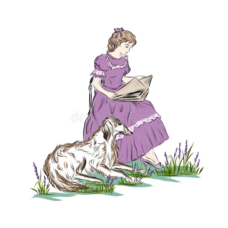 Flickan läser bok i trädgården med hund stock illustrationer