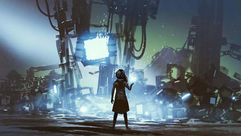 Flickan med den futuristiska förtrollningen royaltyfri illustrationer