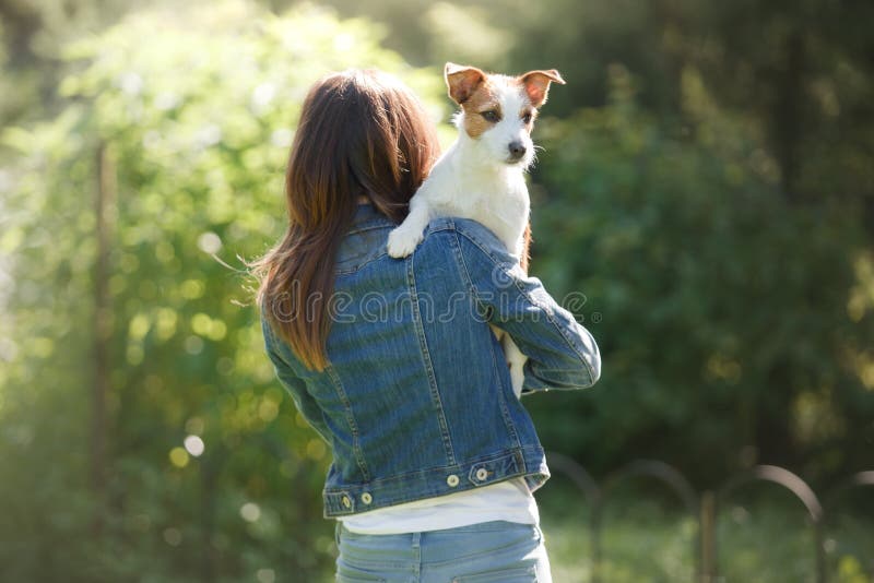 Flickan med hunden i henne armar Lite Jack Russell Terrier royaltyfri foto Flickan med hunden i henne armar Lite Jack Russell Terrier royaltyfri foto