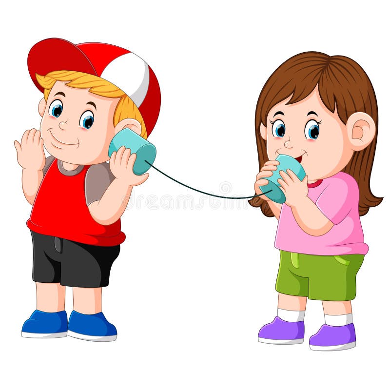  Flickan och pojken som experimenterar samtal på ett bundit tenn, på burk telefonen royaltyfri illustrationer
