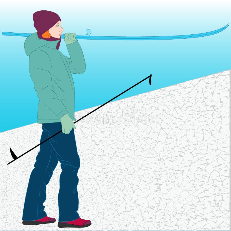 Flickan på skidar semesterortinnehavet skidar vektor stock illustrationer Flickan på skidar semesterortinnehavet skidar vektor stock illustrationer
