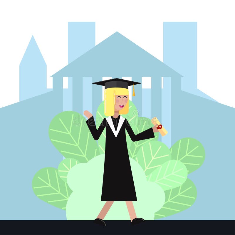 Flickastudenten i akademisk kappa och lock mottog ett diplom och jublar den plana illustrationen för vektorn royaltyfri illustrationer Flickastudenten i akademisk kappa och lock mottog ett diplom och jublar den plana illustrationen för vektorn royaltyfri illustrationer
