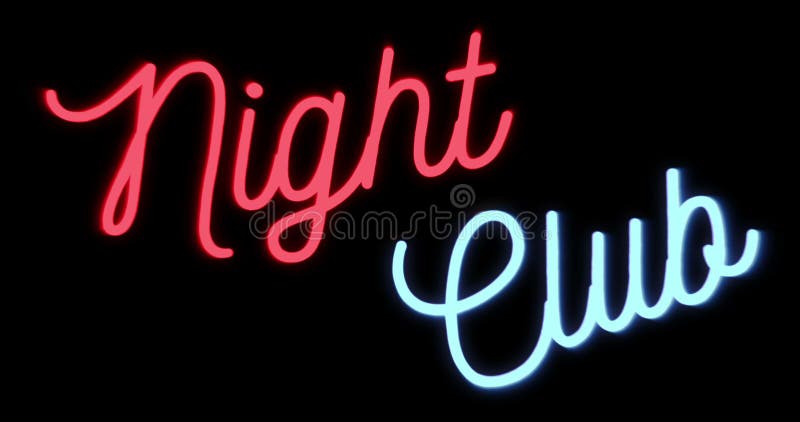 Flickering blinking red and blue neon sign on black background, adult show night club sign
