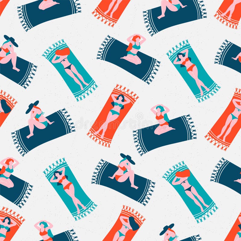 Flickor som solbadar på stranden Ändlös bakgrund för semester - sommartid seamless vektor för modell royaltyfri illustrationer Flickor som solbadar på stranden Ändlös bakgrund för semester - sommartid seamless vektor för modell royaltyfri illustrationer