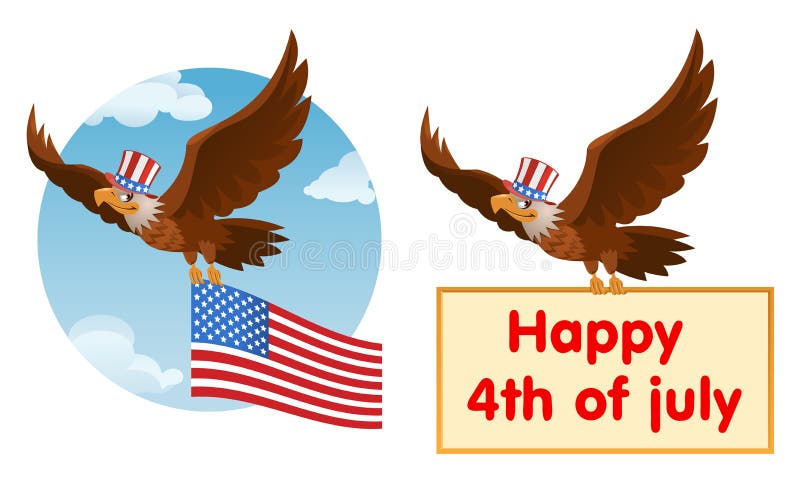 Fliegen-Weißkopfseeadler im patriotischen Hut hält amerikanische Flagge stock abbildung Fliegen-Weißkopfseeadler im patriotischen Hut hält amerikanische Flagge stock abbildung