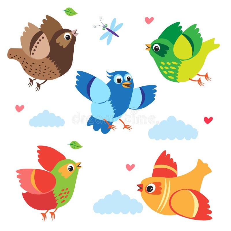 Fliegende bunte Vögel Vektorvögel Stellen Sie Karikatur-Illustration ein stock abbildung Fliegende bunte Vögel Vektorvögel Stellen Sie Karikatur-Illustration ein stock abbildung