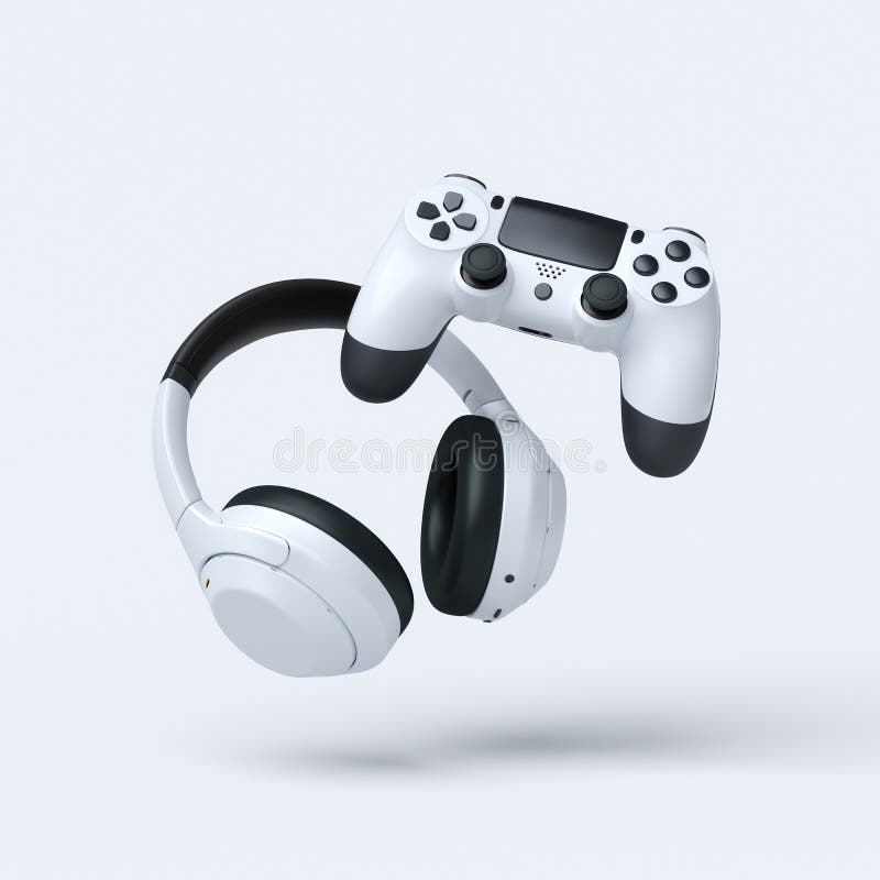 Fliegende Gamer-Geräte wie Kopfhörer und Joystick auf weißem Hintergrund lizenzfreie abbildung