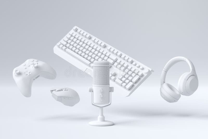 Fliegende Gamer-Getriebe wie Maus Tastatur Joystick Headset vr Mikrofon stock abbildung