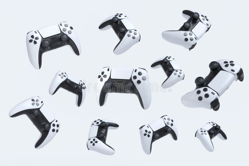 Fliegende Gamer Joysticks oder Gamepads auf weißem Hintergrund vektor abbildung