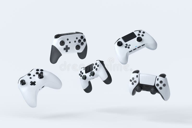 Fliegende Gamer Joysticks oder Gamepads auf weißem Hintergrund vektor abbildung