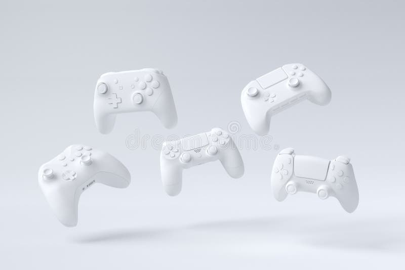 Fliegende Gamer Joysticks oder Gamepads auf weißem Hintergrund mit unscharfem 3D-Rendering von Zubehör für Live-Streaming-Konzept Draufsicht