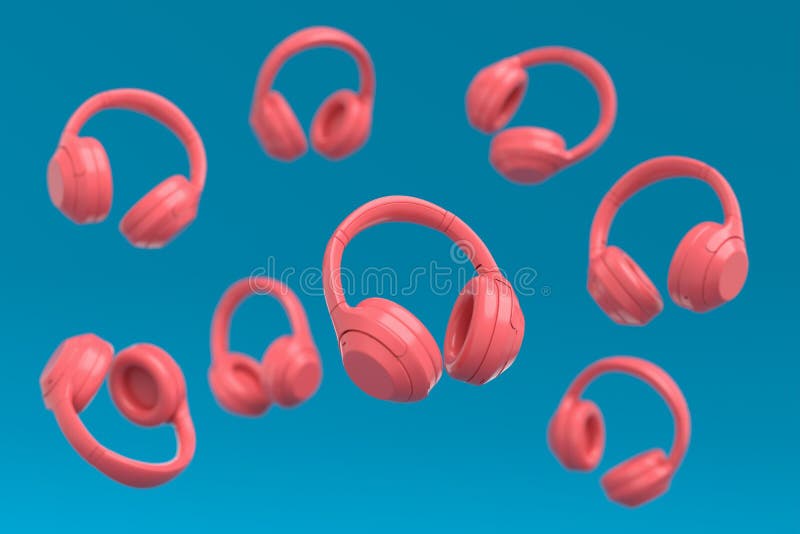 Fliegende Gamer-Kopfhörer oder Headset auf blauem und rosa Hintergrund lizenzfreie abbildung