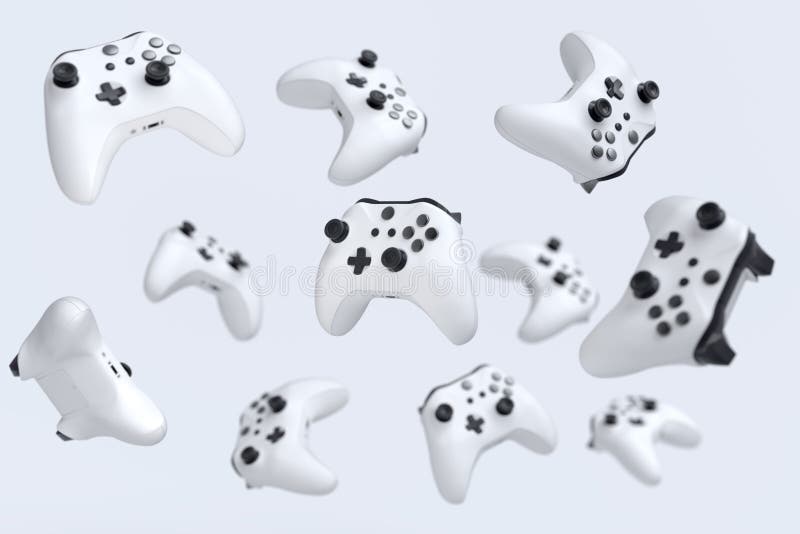 Fliegende Spieler Joystick oder gamepads auf weißem Hintergrund lizenzfreie abbildung
