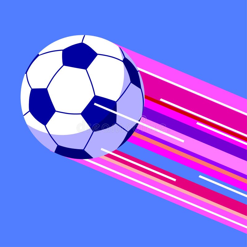 Fliegender Fußballball mit vielfarbiger Lichtspur in flachem Stil gegen blauen Himmel lizenzfreie abbildung