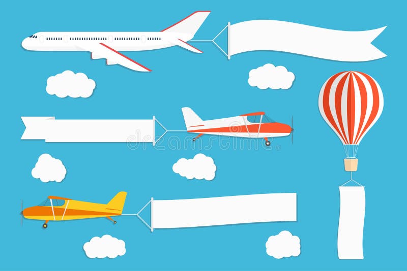 Fliegenwerbungsfahne Flugzeuge und Heißluft steigt mit den horizontalen und vertikalen Fahnen auf Hintergrund des blauen Himmels vektor abbildung Fliegenwerbungsfahne Flugzeuge und Heißluft steigt mit den horizontalen und vertikalen Fahnen auf Hintergrund des blauen Himmels vektor abbildung