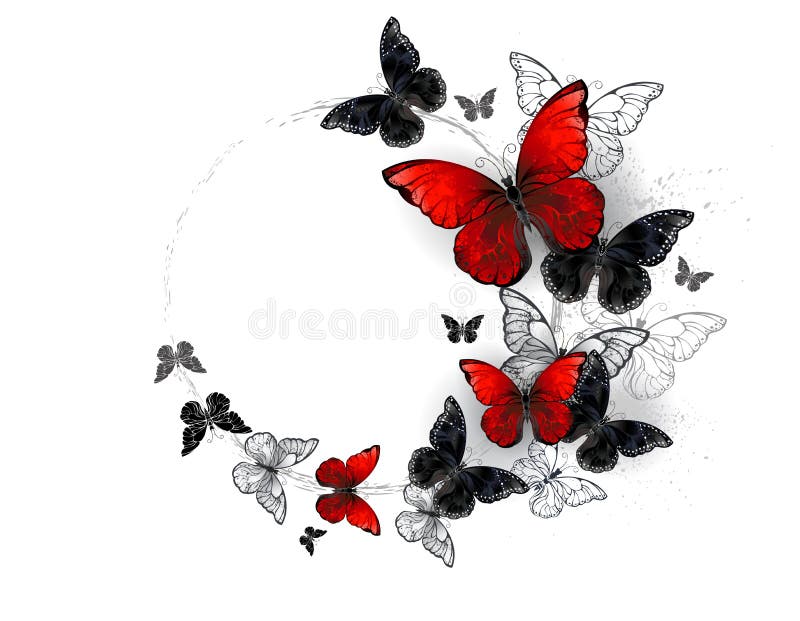 Flight of Black and Red Butterflies Morpho Stock Vector Illustration