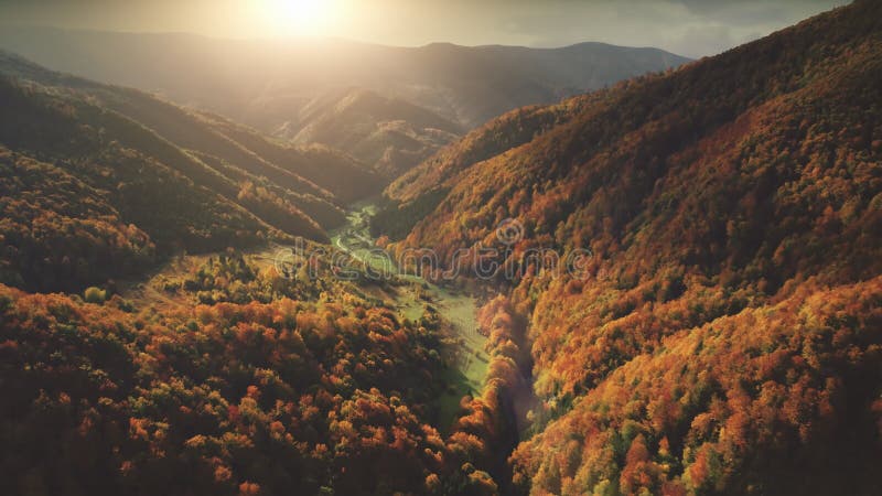 Flight over fantastic autumn mountain landscape