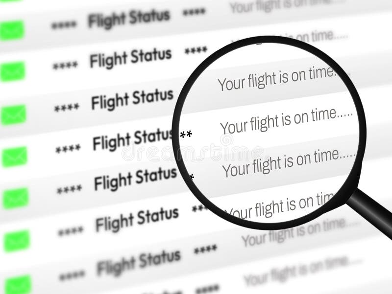 Flight is on time status showing in a email notification style with magnify glass zoom, travelling concept background royalty free stock images