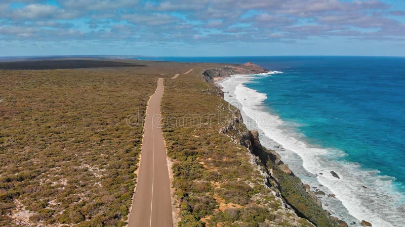 Flinders Chase National Park in Kangaroo Island. Amazing aerial view of road and coastline from drone on a sunny day