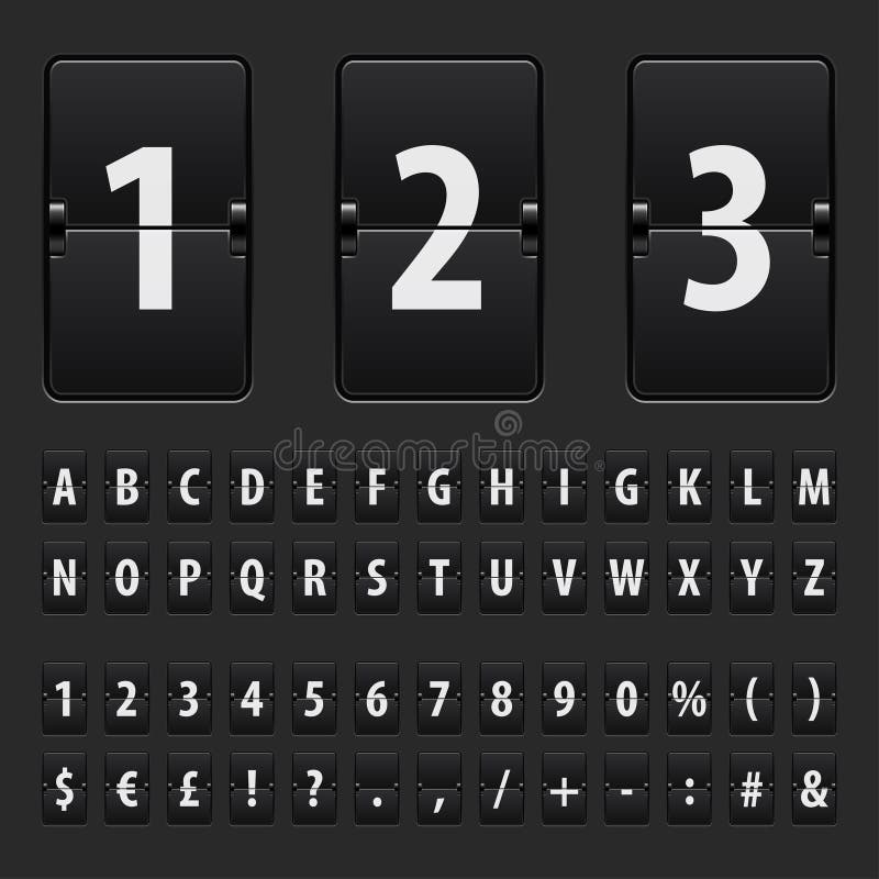 Flip black scoreboard letters, numbers and symbols vector illustration