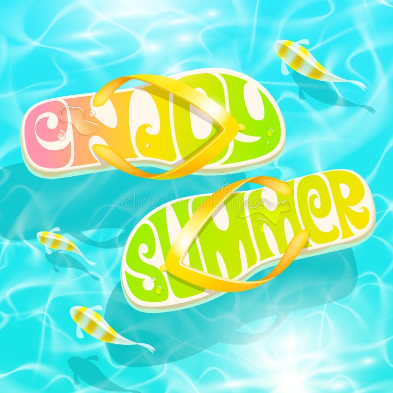 Flip-flop with summer greeting floating on water with tropical fishes - summer holidays design