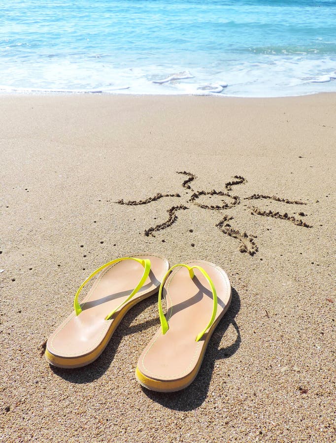 Flip Flops on the Beach with Sun Drawing Stock Image - Image of flip ...